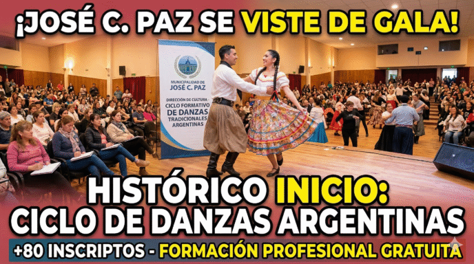 Pareja de bailarines folklóricos en el auditorio de José C. Paz durante el exitoso inicio del Ciclo Formativo de Danzas Tradicionales Argentinas.