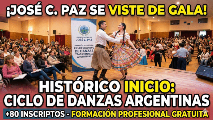 Pareja de bailarines folklóricos en el auditorio de José C. Paz durante el exitoso inicio del Ciclo Formativo de Danzas Tradicionales Argentinas.