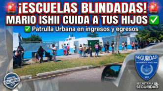 Operativo de seguridad de la Patrulla Urbana en escuelas de José C. Paz cuidando a los alumnos en el ingreso escolar.