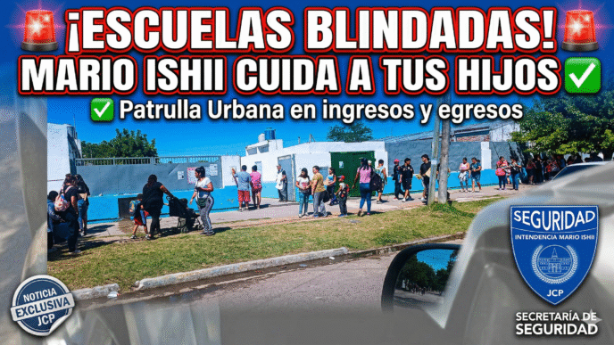 Operativo de seguridad de la Patrulla Urbana en escuelas de José C. Paz cuidando a los alumnos en el ingreso escolar.