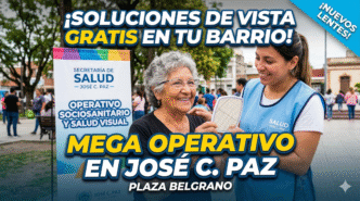 Mega operativo de salud gratuita en José C. Paz: vecina sonriendo al recibir atención visual gratis en la Plaza Manuel Belgrano.
