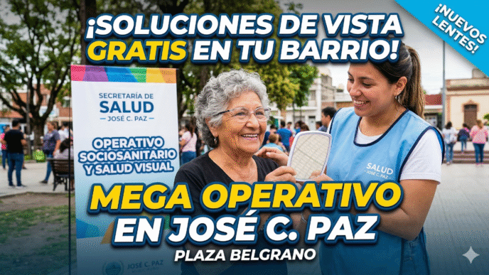 Mega operativo de salud gratuita en José C. Paz: vecina sonriendo al recibir atención visual gratis en la Plaza Manuel Belgrano.
