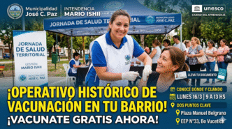 Operativo histórico de vacunación gratis en José C. Paz, enfermera atendiendo a vecina, gestión Mario Ishii.