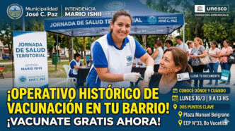 Operativo histórico de vacunación gratis en José C. Paz, enfermera atendiendo a vecina, gestión Mario Ishii.