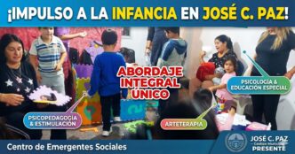 Niños en el Centro de Emergentes Sociales de José C. Paz recibiendo atención integral con profesionales en psicopedagogía, estimulación temprana y arteterapia.