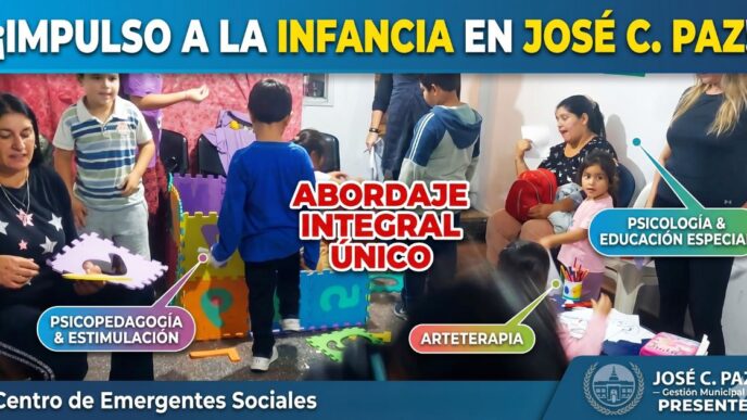 Niños en el Centro de Emergentes Sociales de José C. Paz recibiendo atención integral con profesionales en psicopedagogía, estimulación temprana y arteterapia.