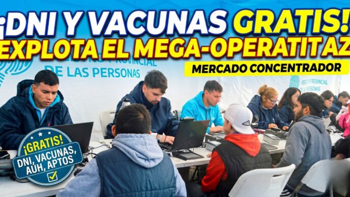 Vecinos de José C. Paz realizando trámites de DNI y salud en el mega operativo gratuito del Mercado Concentrador.