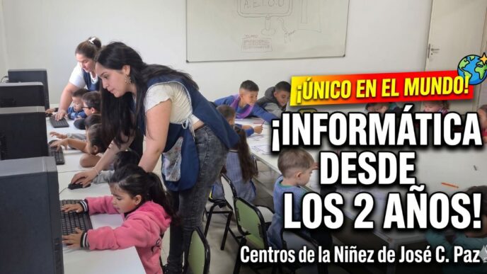 Niños de 2 años aprendiendo informática e idiomas en los Centros de la Niñez de José C. Paz, un hito educativo mundial impulsado por la gestión de Mario Ishii.