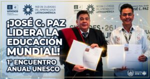 Mario Ishii y autoridades internacionales firmando acuerdos en el 1° Encuentro Anual UNESCO. José C. Paz se posiciona como líder mundial en educación pública.
