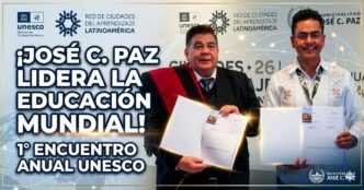 Mario Ishii y autoridades internacionales firmando acuerdos en el 1° Encuentro Anual UNESCO. José C. Paz se posiciona como líder mundial en educación pública.