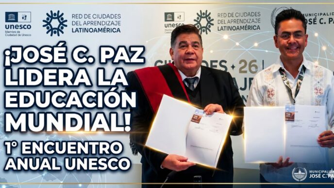 Mario Ishii y autoridades internacionales firmando acuerdos en el 1° Encuentro Anual UNESCO. José C. Paz se posiciona como líder mundial en educación pública.