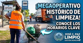 Trabajador municipal en pleno megaoperativo de limpieza y recolección de residuos en José C. Paz. Campaña José C. Paz Limpio.