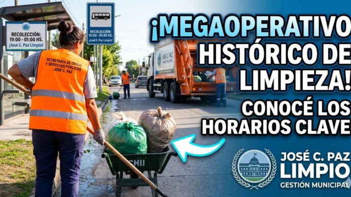 Trabajador municipal en pleno megaoperativo de limpieza y recolección de residuos en José C. Paz. Campaña José C. Paz Limpio.