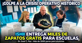Mario Ishii entregando zapatos escolares en José C. Paz frente a la crisis del gobierno de Milei