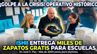 Mario Ishii entregando zapatos escolares en José C. Paz frente a la crisis del gobierno de Milei