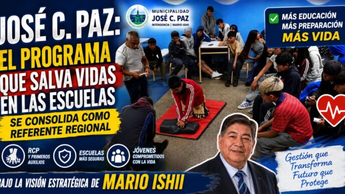 Estudiantes de la Escuela Secundaria 36 de José C. Paz participando en un taller de RCP y primeros auxilios, parte de la gestión educativa y sanitaria de Mario Ishii.