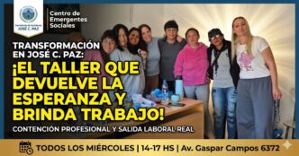 Mujeres participando en el taller de violencia de género y salida laboral en el Centro de Emergentes Sociales de José C. Paz.