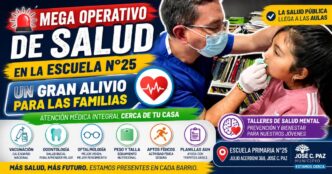 Familias y estudiantes recibiendo atención médica gratuita durante el operativo de salud en José C. Paz en la Escuela N°25.