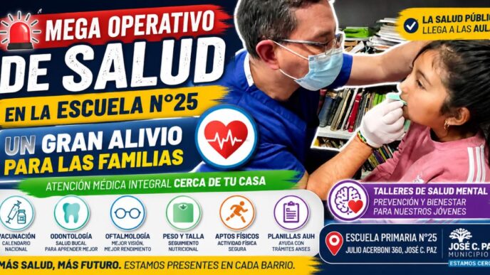 Familias y estudiantes recibiendo atención médica gratuita durante el operativo de salud en José C. Paz en la Escuela N°25.
