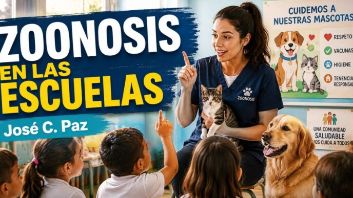 Zoonosis en José C. Paz brinda una jornada educativa en una escuela con alumnos aprendiendo sobre el cuidado de mascotas, perros, gatos y tenencia responsable.