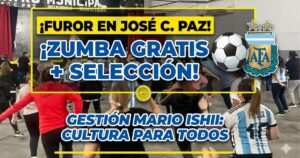 Fotografía que muestra el estallido masivo y popular de un taller de zumba gratuito con temática de la Selección Argentina en José C. Paz. La gente baila en el Teatro Municipal, con superposiciones de texto llamativo y logos de la Selección y AFA.