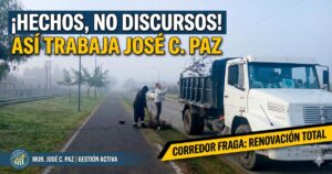 Trabajadores municipales y camiones realizando la limpieza y puesta en valor de los espacios verdes en José C. Paz, sobre el corredor aeróbico de la calle Fraga.