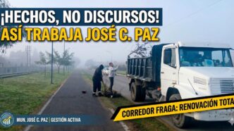 Trabajadores municipales y camiones realizando la limpieza y puesta en valor de los espacios verdes en José C. Paz, sobre el corredor aeróbico de la calle Fraga.
